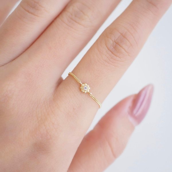 Flower Chain Ring - 14K Yellow Gold