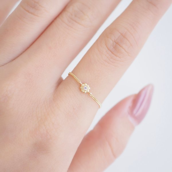 Flower Chain Ring - 14K Yellow Gold