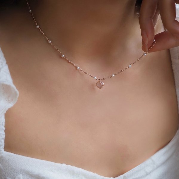 ALBY Pearl Necklace - Strawberry Quartz (Rose Gold)