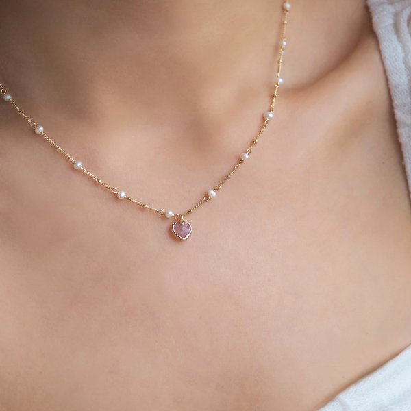ALBY Pearl Necklace - Strawberry Quartz (Yellow Gold)